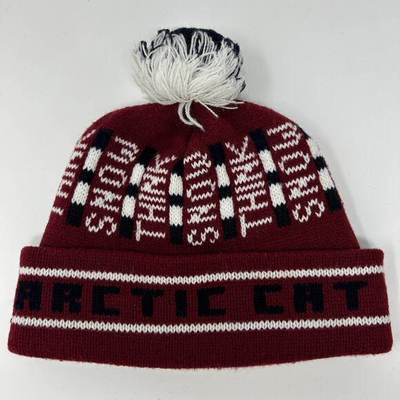 Vintage Arctic Cat Snowmobiles Cuffed Pom Pom Beanie Toque Winter Hat Red - Picture 2 of 7